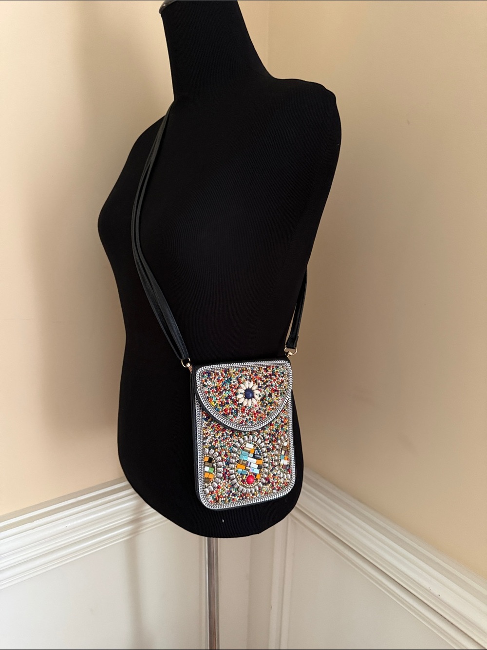 Beaded‎ Crossbody Bag Black with Multicolor Beads